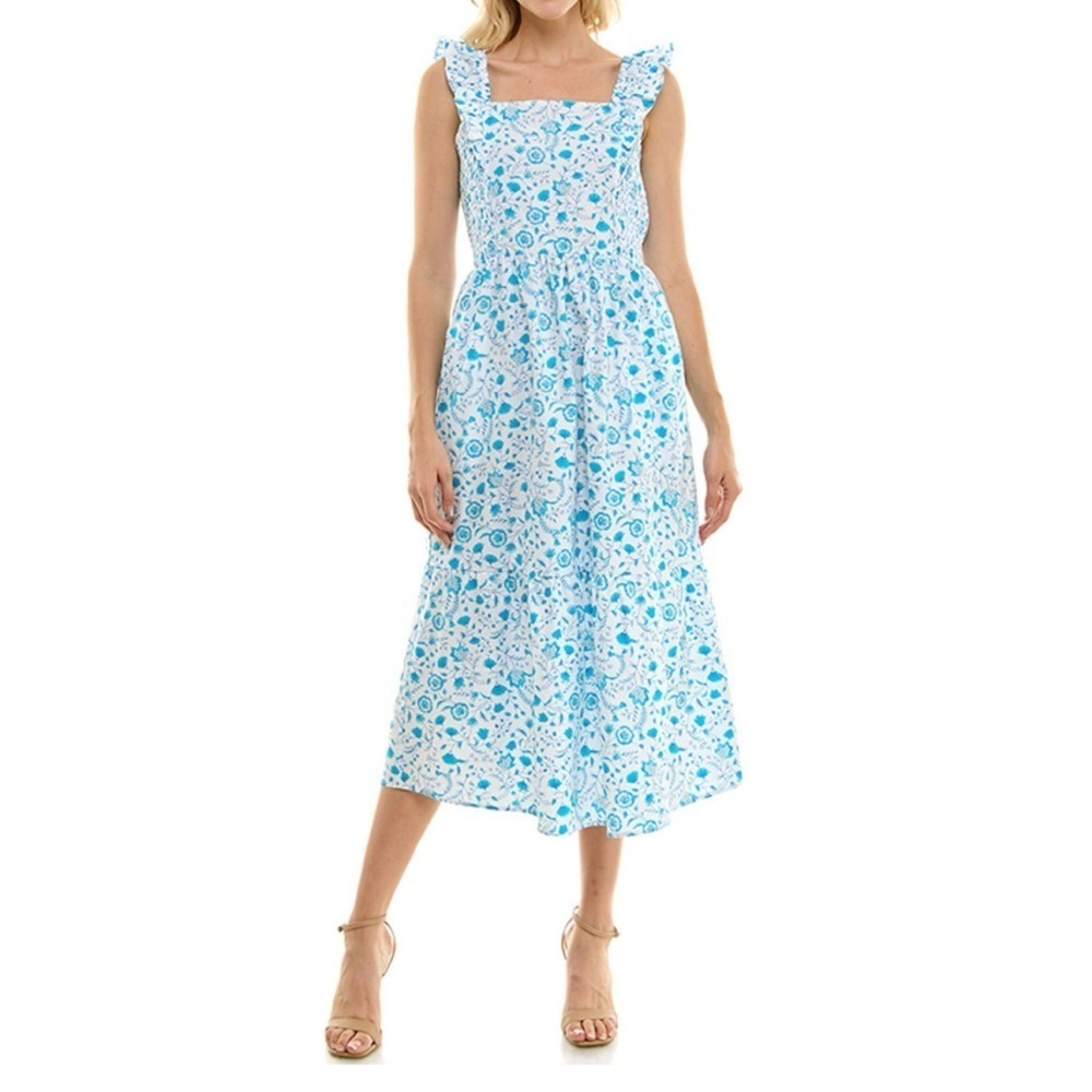 Draper James Flutter Ruffle Strap Midi Dress Blue Floral Paisley Cottagecore med